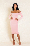 Catalina Blush Midi Long Sleeve Suede Off The Shoulder Dress