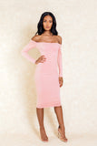 Catalina Blush Midi Long Sleeve Suede Off The Shoulder Dress