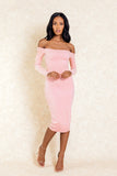 Catalina Blush Midi Long Sleeve Suede Off The Shoulder Dress