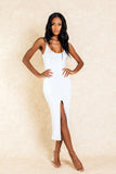 Ayla White Slit Front Midi Bodycon Dress