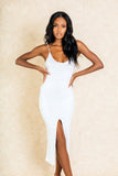 Ayla White Slit Front Midi Bodycon Dress